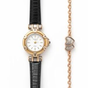 Two Tone Vintage Watch & Bracelet Set Black Leather Handmade
 Gift Ready